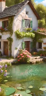 Charming cottage with pond and flowers in serene natural setting.