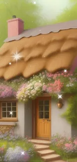 Cozy cottage with flowers and thatched roof.