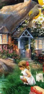 Charming cottage scene with birds, nature, and a serene atmosphere.