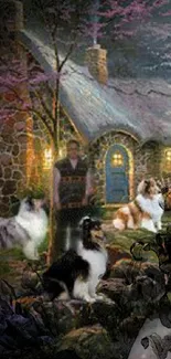 Stone cottage with dogs in a purple forest.