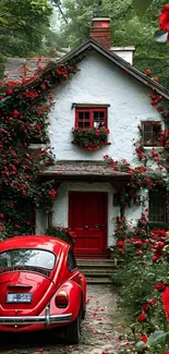 Scenic cottage with red VW Beetle and roses.