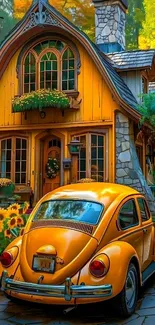 Vintage yellow car in front of charming cottage with sunflowers.