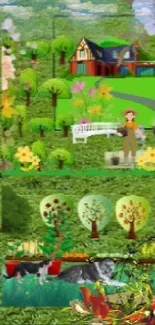 Colorful animated countryside scene with nature and characters.