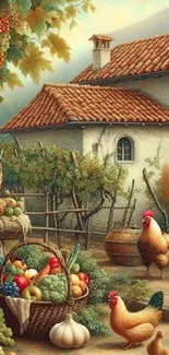 Charming rustic scene with house, vegetables, and chickens.