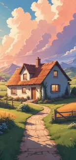 Charming cottage with sunset sky and vibrant countryside scenery.