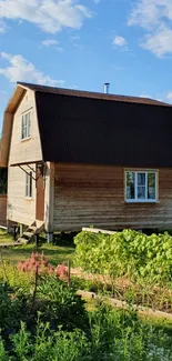 Charming wooden house amidst garden and blue sky.