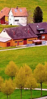 Countryside house with lush green landscape.