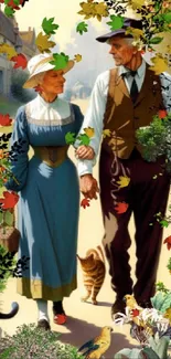 Vintage artwork of a couple walking with cats in a scenic countryside.