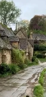 Charming countryside village with stone cottages and greenery.