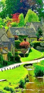 Charming village with stone cottages and lush green landscape.