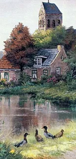 Charming countryside cottage by a river with ducks in a scenic landscape.