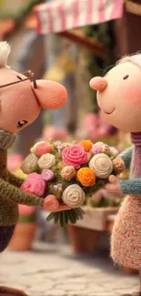 Elderly couple exchanging flowers in a cozy setting.