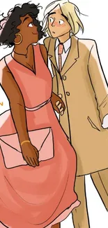 Cartoon couple in pink and beige outfits with a small heart above them.