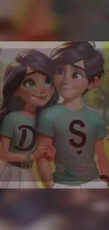 Animated couple enjoying a park walk.