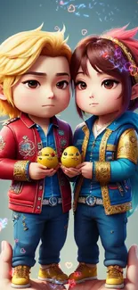 Charming couple figurines with colorful outfits and cute expressions.