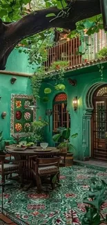 Charming outdoor courtyard with vibrant greenery and a rustic design.
