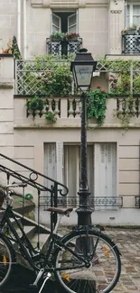 Vintage courtyard with bicycle and lamp post wallpaper.