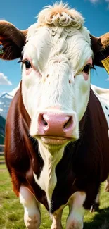 Curious cow stands in green meadow with distant mountains.