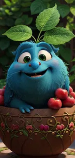 Cute blue creature with leaf hat in a garden pot with apples.