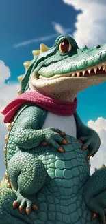 Cute cartoon crocodile with a pink scarf against a bright sky.