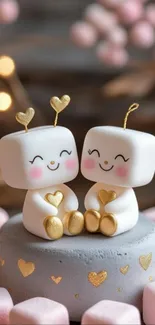 Cute figurines with heart details and smiling faces on a cake