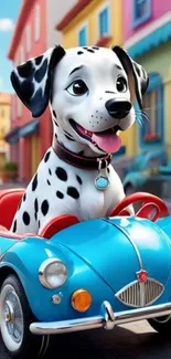 Dalmatian cartoon driving a colorful toy car on a vibrant street.