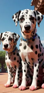 Two Dalmatian puppies sitting on a sunny patio.