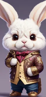 Cute white rabbit in elegant outfit on lavender background.