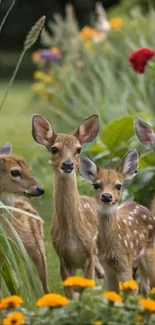 Adorable deer in a vibrant flower garden setting.