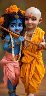 Deities in vibrant attire mobile wallpaper with orange and blue hues.