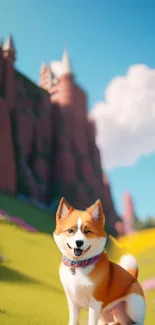 Animated corgi with castle and clouds background.