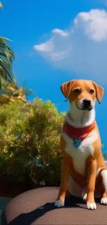 Charming dog by a tropical oasis with blue sky and lush greenery.