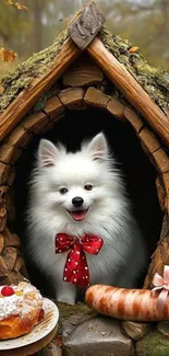 Fluffy white dog with red bow in rustic wooden cottage.