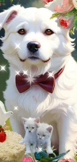 Fluffy white dog with red bowtie in a floral garden.