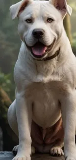 White dog seated in lush nature setting.