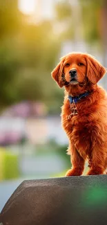 Cute dog in a scenic park with vibrant golden hues.