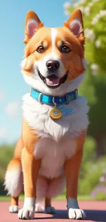 Adorable Corgi standing in a colorful garden with a vibrant blue collar.