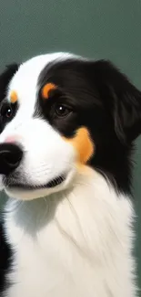 Realistic dog portrait against a green background.