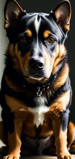 Charming black and brown dog sitting indoors, gazing forward.