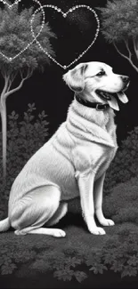 Black and white dog with heart motifs on a nature-inspired background.