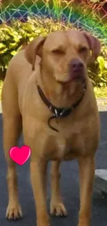 Mobile wallpaper featuring a brown dog with a pink heart in a green and rainbow backdrop.