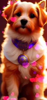 Fluffy orange dog wearing a blue medallion, set against a warm background.