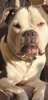 Dog sitting in warm light with sparkling effects in a cozy setting.