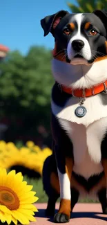 Black and white dog sitting with sunflowers in a sunny garden.