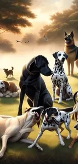 Group of dogs enjoying sunset in a tranquil park.
