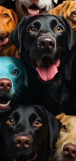 A charming collection of colorful dogs with happy and playful expressions.