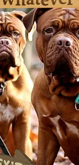 Two Dogue de Bordeaux dogs looking curious and charming.