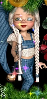 Whimsical doll with braids and a candle in festive attire on a magical background.