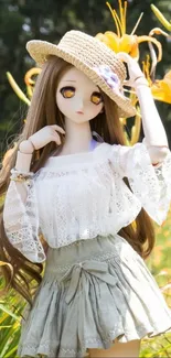 Charming doll in floral garden with stylish attire.