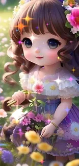 Adorable doll surrounded by vibrant flowers in a sunny meadow.